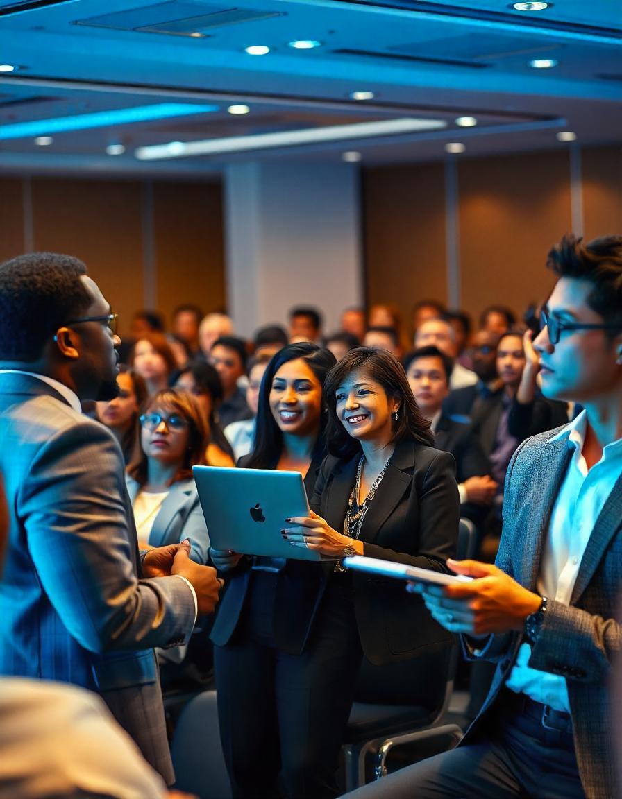 A conference with a large group of people in business attire. A man is speaking while a woman is holding a laptop and a woman is smiling at the audience.