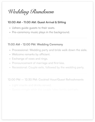 Wedding rundown schedule card created with PartyHub AI event planner